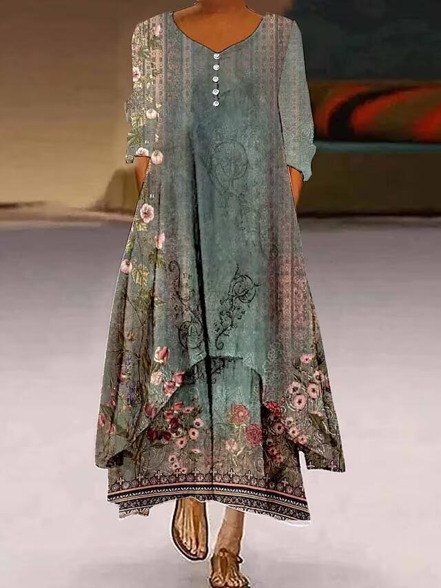 Irregular-Hemed Sleeved Long Dress