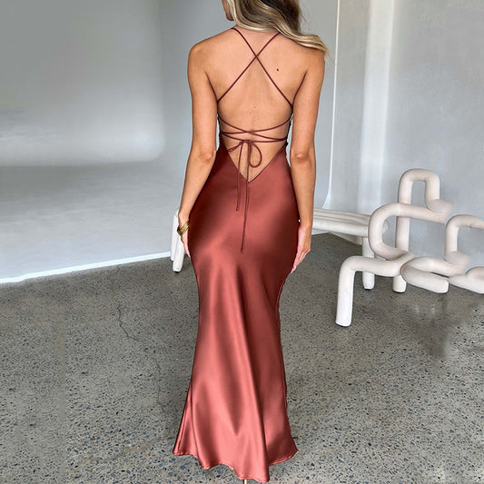 Satin Backless Lace-up Dress