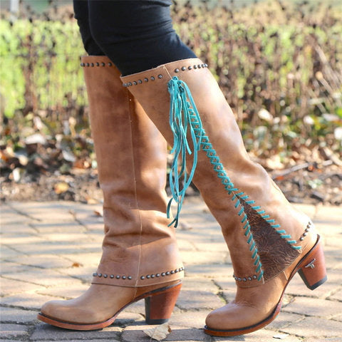 Side Laced-Up Leather Women's Boots