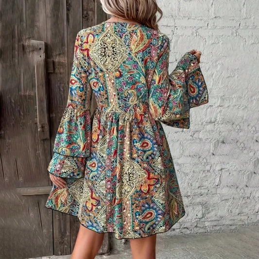 Elegant V-Neck Floral Print Dress - Layered Bell Sleeves, A-Line Dress