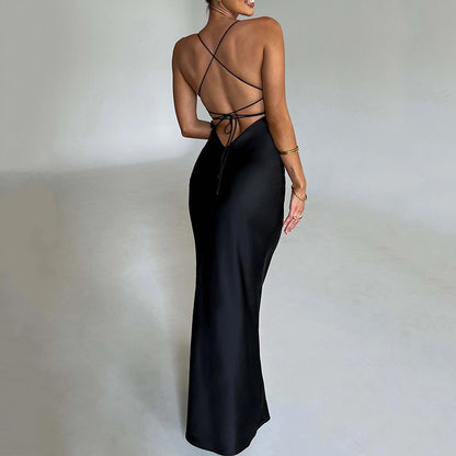 Satin Backless Lace-up Dress