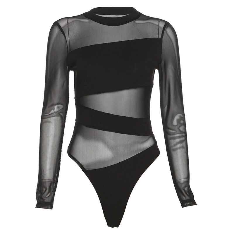 Black Sheer Mesh Long-sleeve Bodysuit