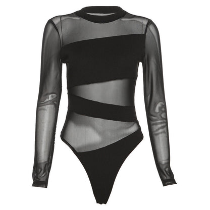 Black Sheer Mesh Long-sleeve Bodysuit