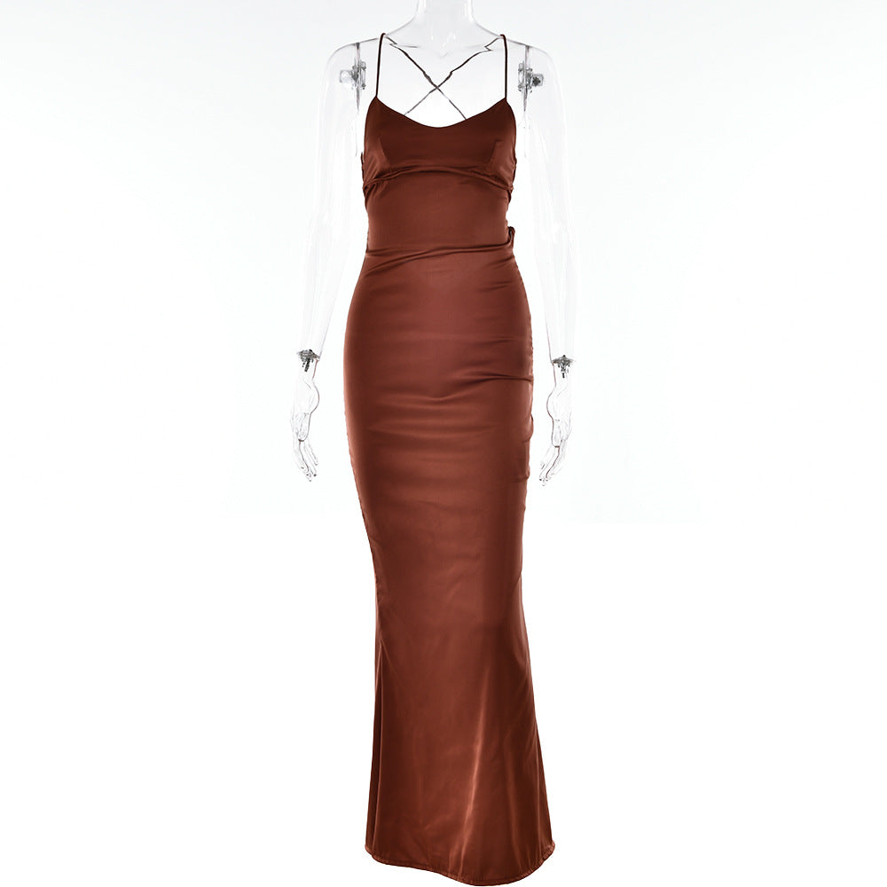 Satin Backless Lace-up Dress