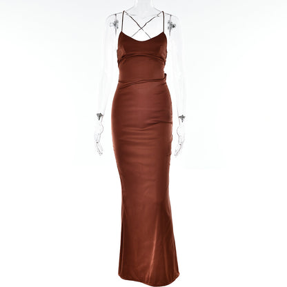Satin Backless Lace-up Dress