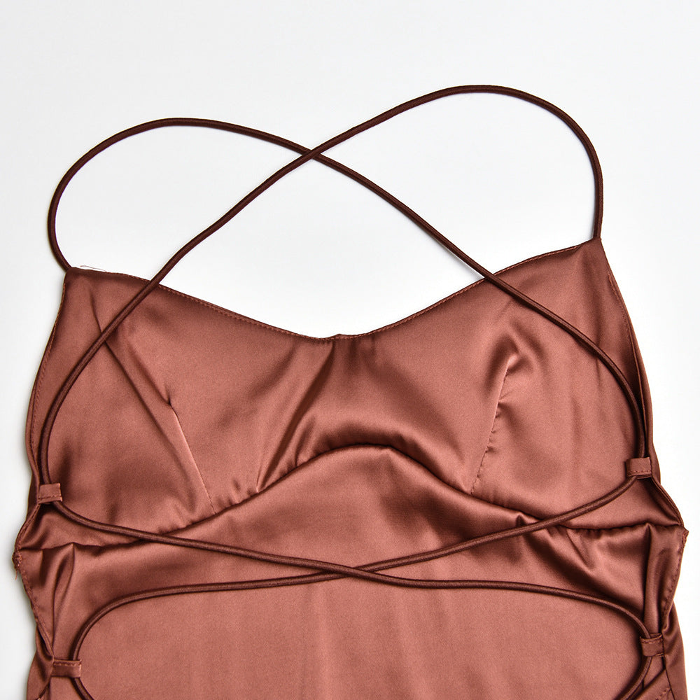 Satin Backless Lace-up Dress