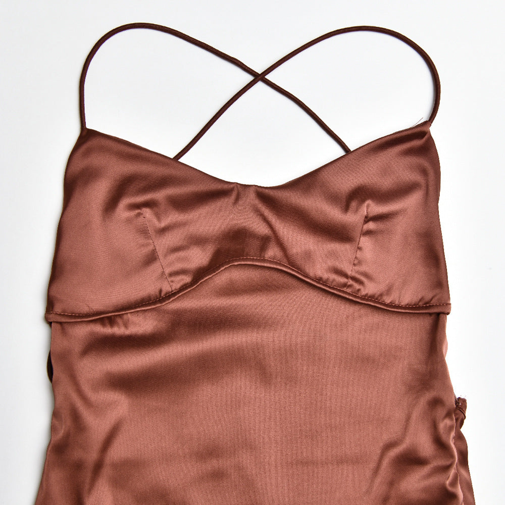 Satin Backless Lace-up Dress