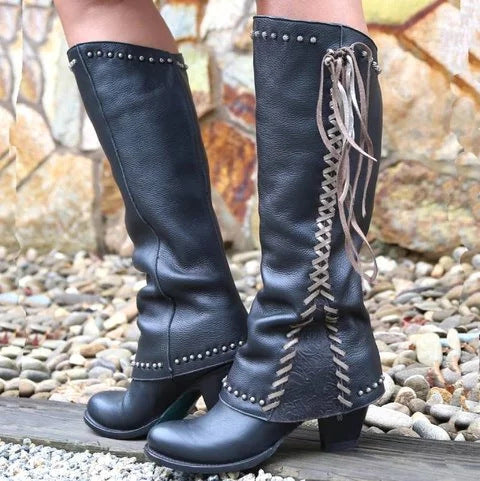 Side Laced-Up Leather Women's Boots