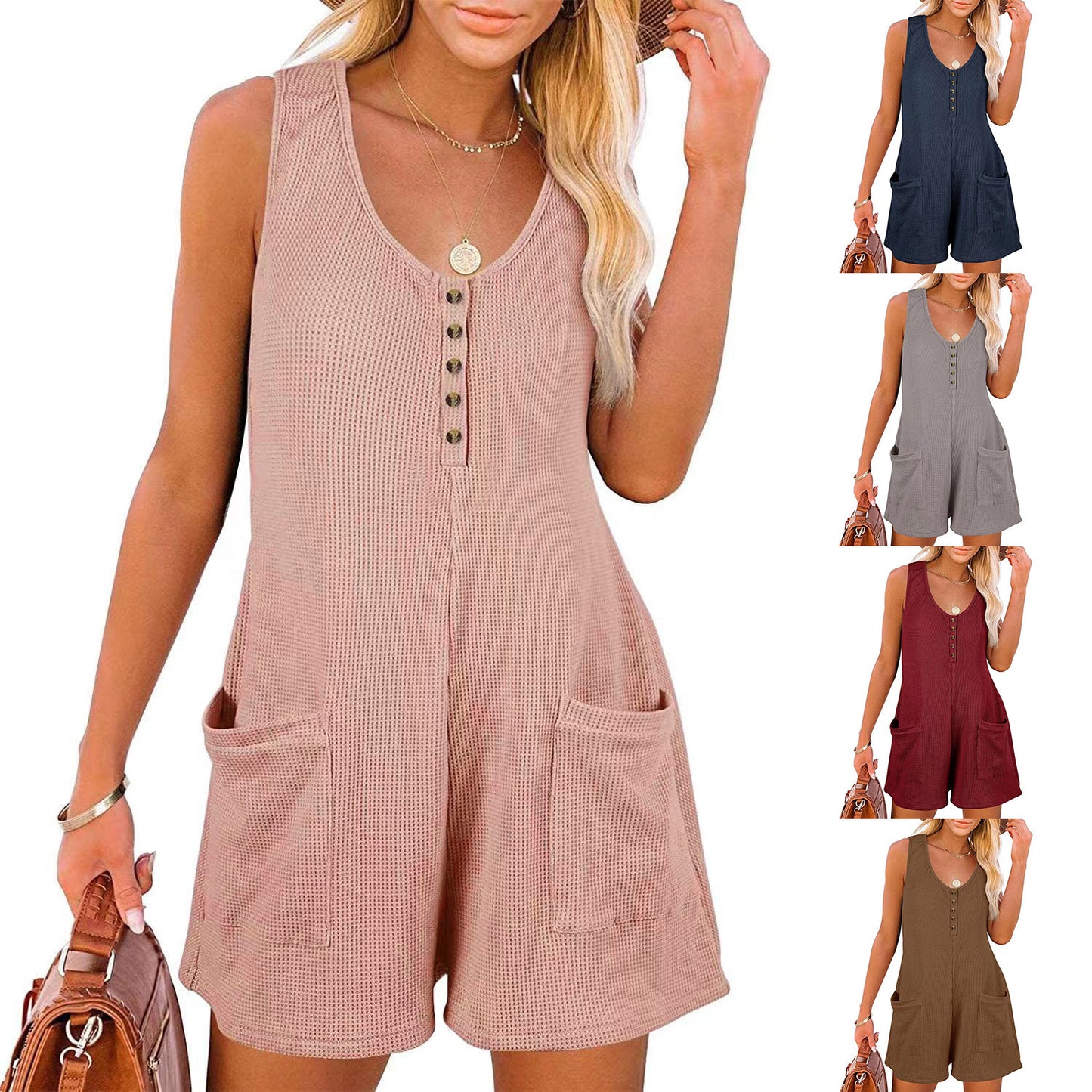 Waffle-Buttoned Summer Jumpsuit