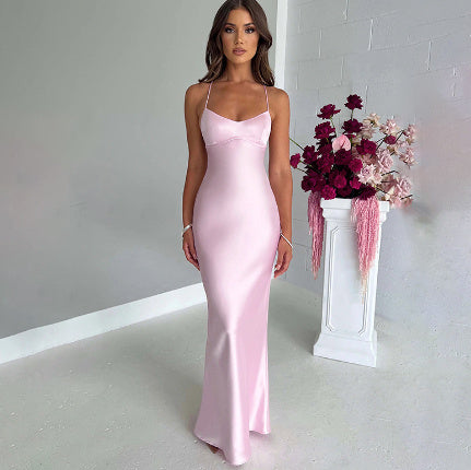Satin Backless Lace-up Dress