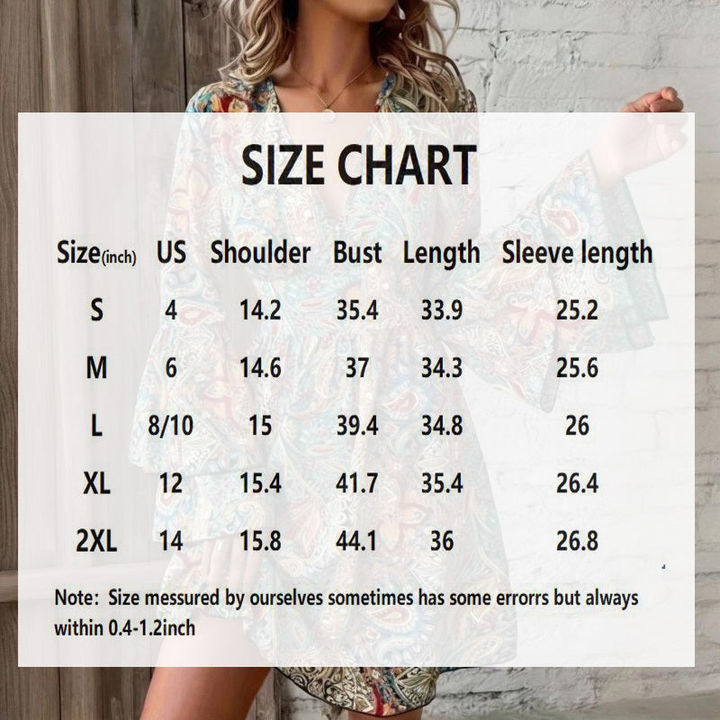 Elegant V-Neck Floral Print Dress - Layered Bell Sleeves, A-Line Dress