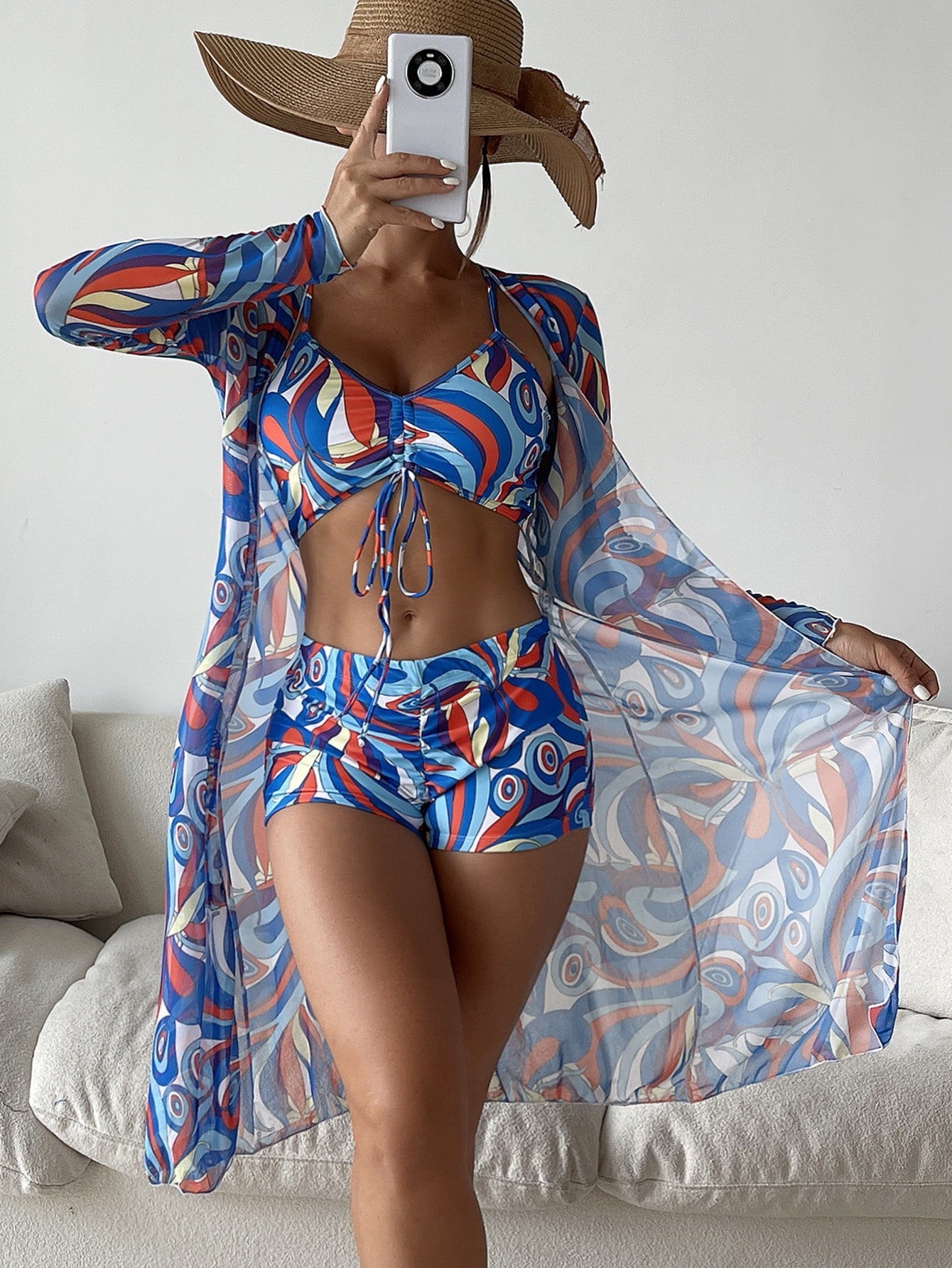 Bright Colorful 2-Piece Bikini w/ Long-Sleeve Cardigan [3pc]