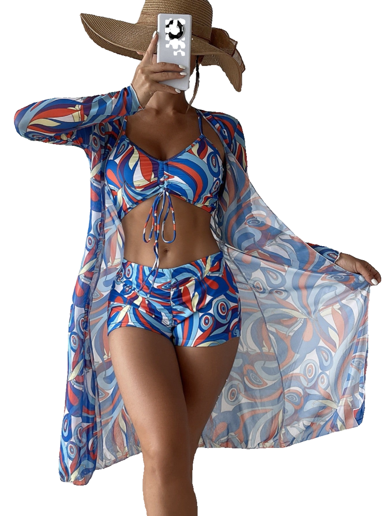 Bright Colorful 2-Piece Bikini w/ Long-Sleeve Cardigan [3pc]