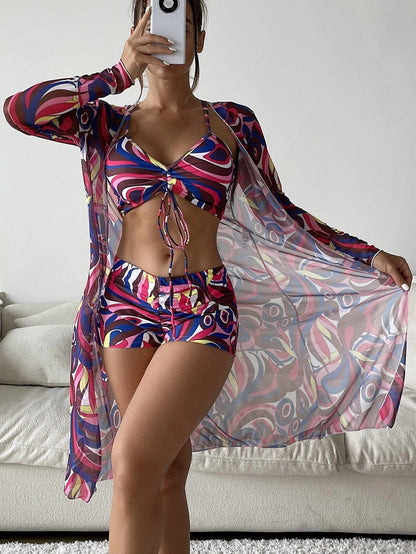 Bright Colorful 2-Piece Bikini w/ Long-Sleeve Cardigan [3pc]