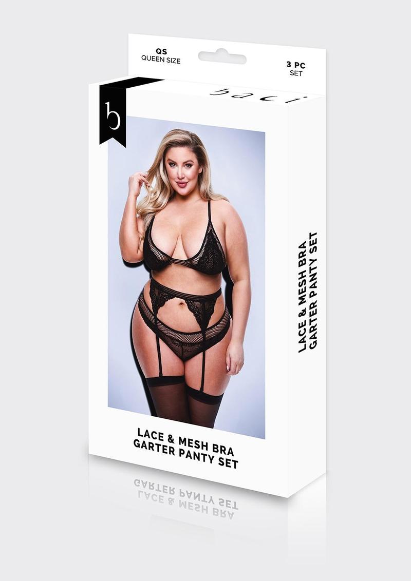Delicate Lace Bra and Mesh Panty w/ Garter Set [3pc]