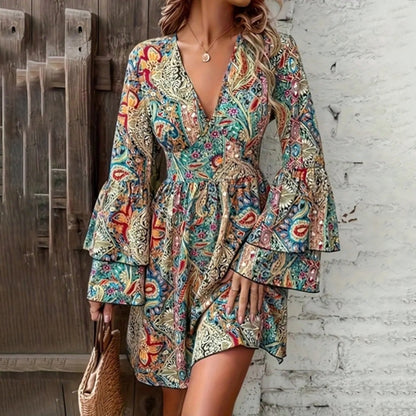 Elegant V-Neck Floral Print Dress - Layered Bell Sleeves, A-Line Dress