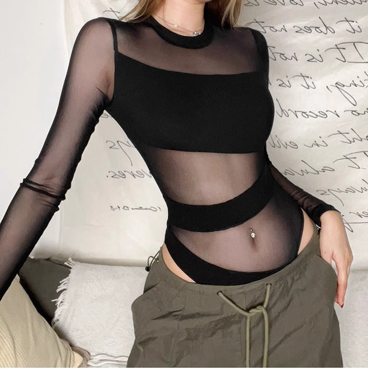 Black Sheer Mesh Long-sleeve Bodysuit
