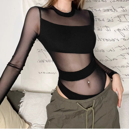 Black Sheer Mesh Long-sleeve Bodysuit