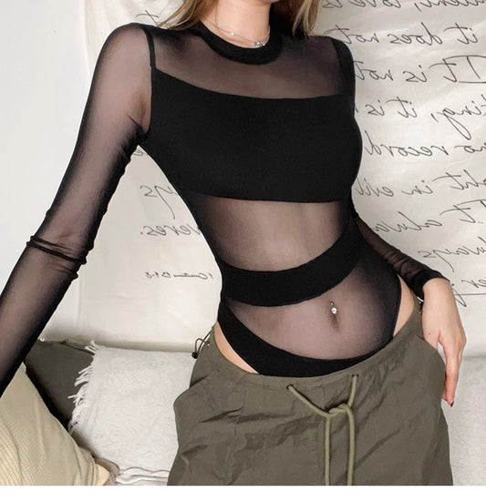 Black Sheer Mesh Long-sleeve Bodysuit