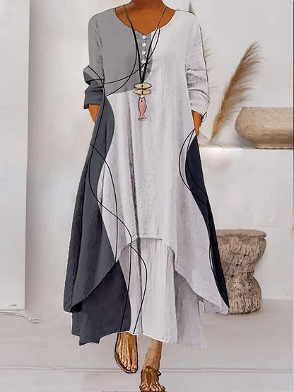 Irregular-Hemed Sleeved Long Dress