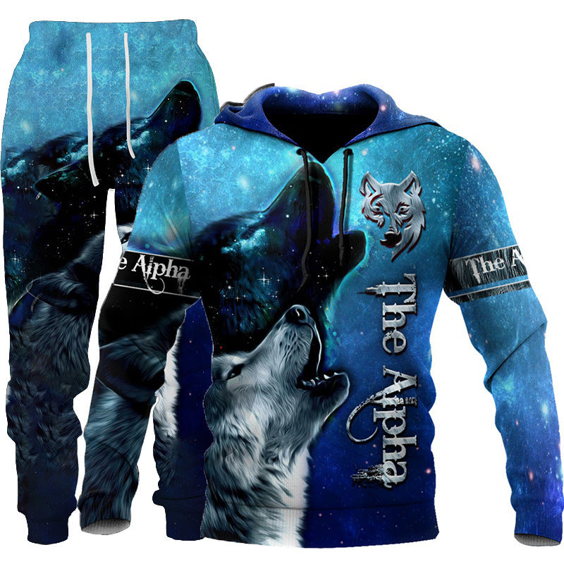 Wolf Print Two-Piece Hooded Tracksuit