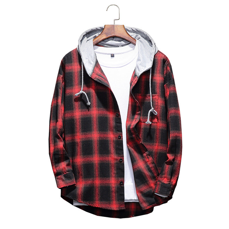 Casual Flannel-Style Hooded Plaid Coat