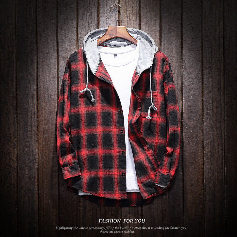 Casual Flannel-Style Hooded Plaid Coat