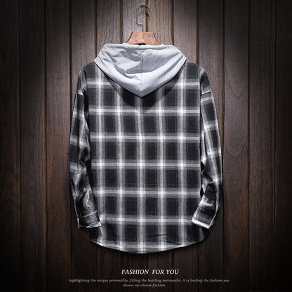 Casual Flannel-Style Hooded Plaid Coat