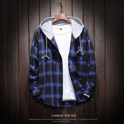 Casual Flannel-Style Hooded Plaid Coat