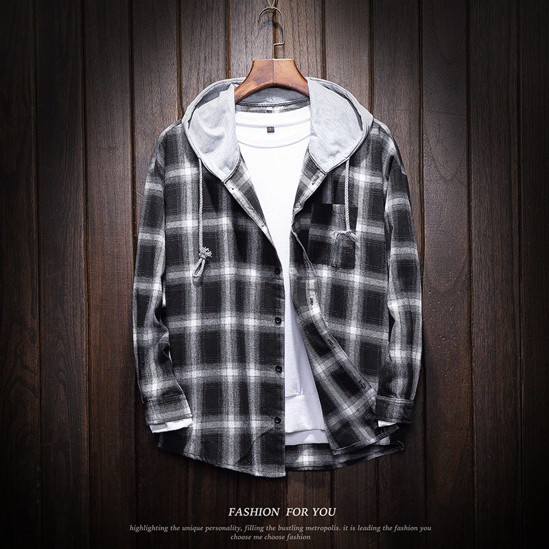 Casual Flannel-Style Hooded Plaid Coat