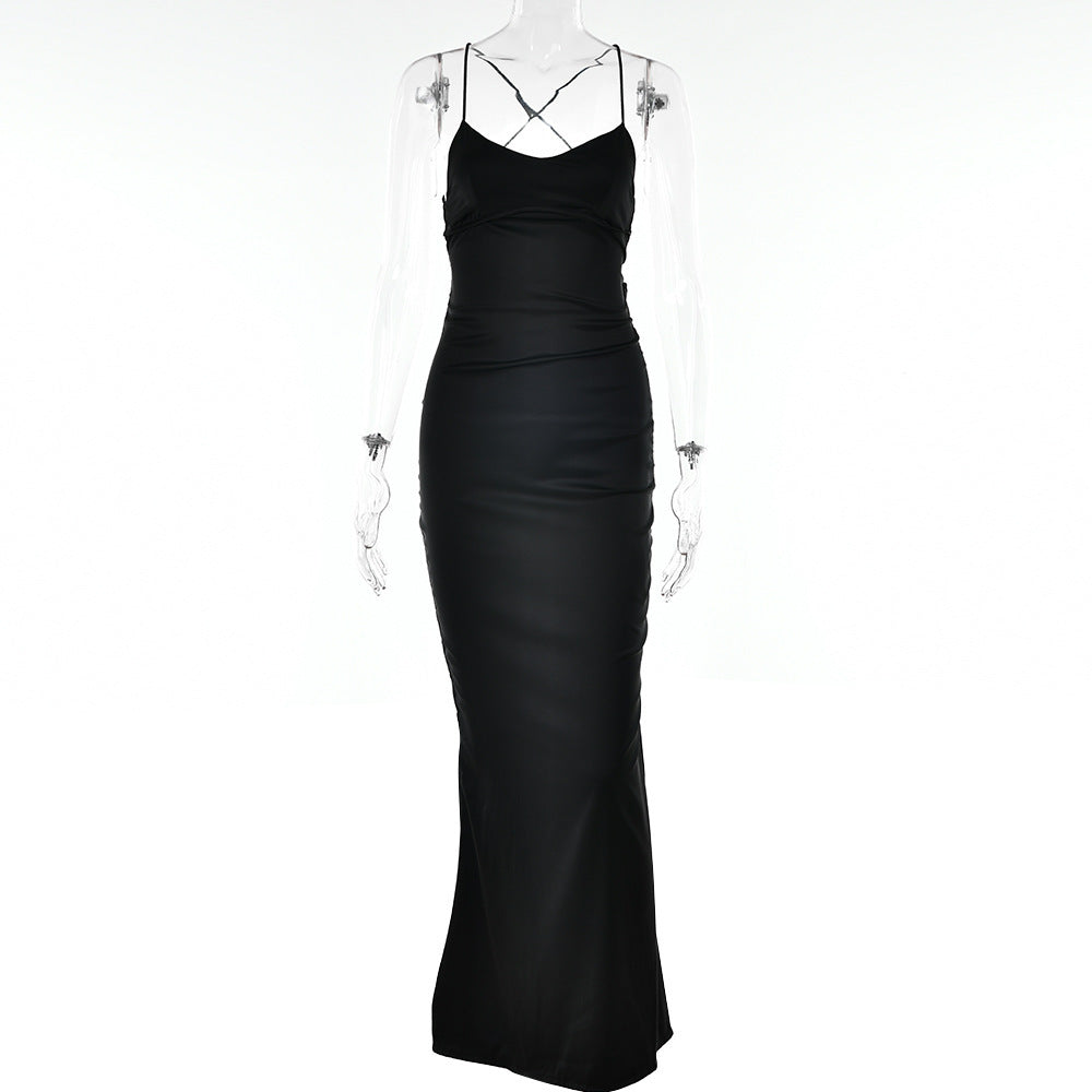 Satin Backless Lace-up Dress