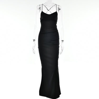Satin Backless Lace-up Dress