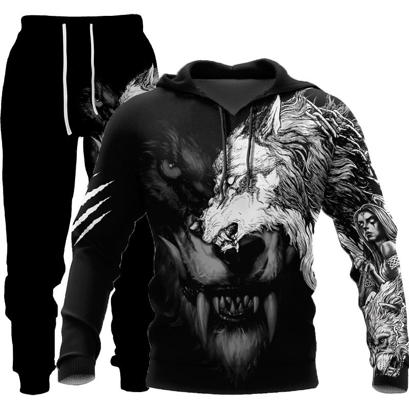 Wolf Print Two-Piece Hooded Tracksuit