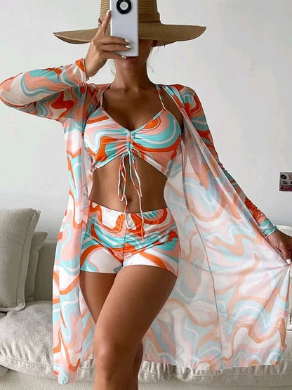 Bright Colorful 2-Piece Bikini w/ Long-Sleeve Cardigan [3pc]