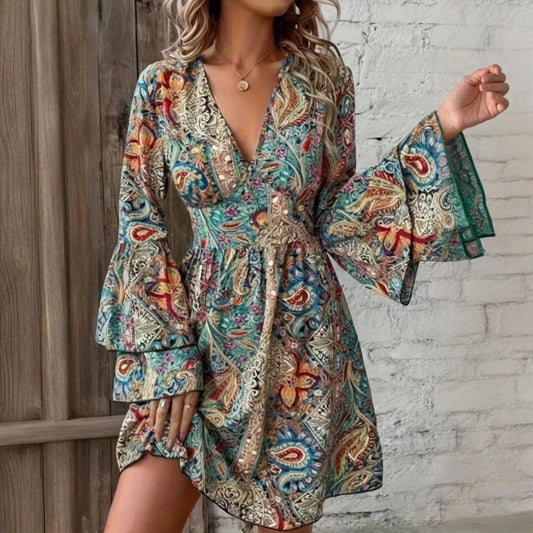Elegant V-Neck Floral Print Dress - Layered Bell Sleeves, A-Line Dress