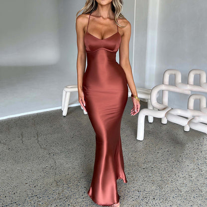 Satin Backless Lace-up Dress
