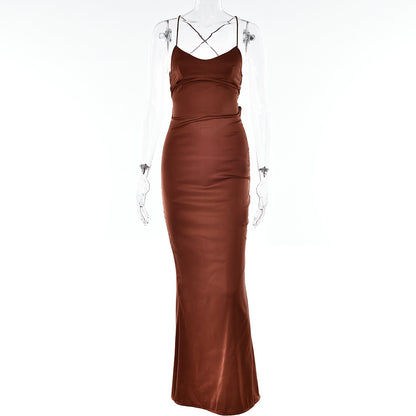 Satin Backless Lace-up Dress