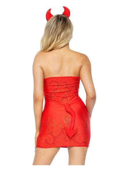 Leg Avenue - Bedazzled Rhinestone & Flames "Devil" Tube Dress w/ Pin-On Tail, and Horned Headband [3pc]
