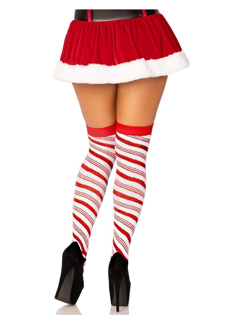Leg Avenue - Candy Cane Lurex Striped Over The Knee Socks