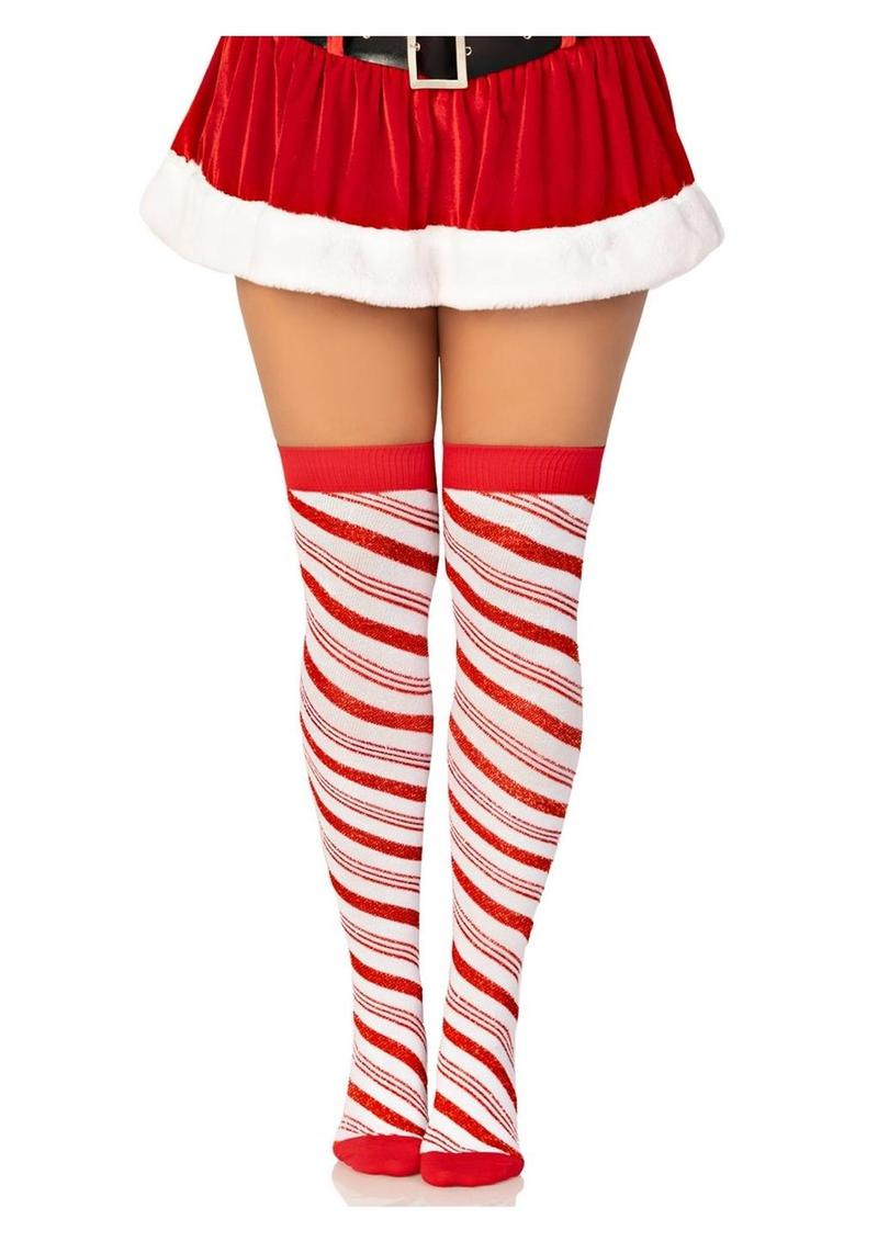 Leg Avenue - Candy Cane Lurex Striped Over The Knee Socks