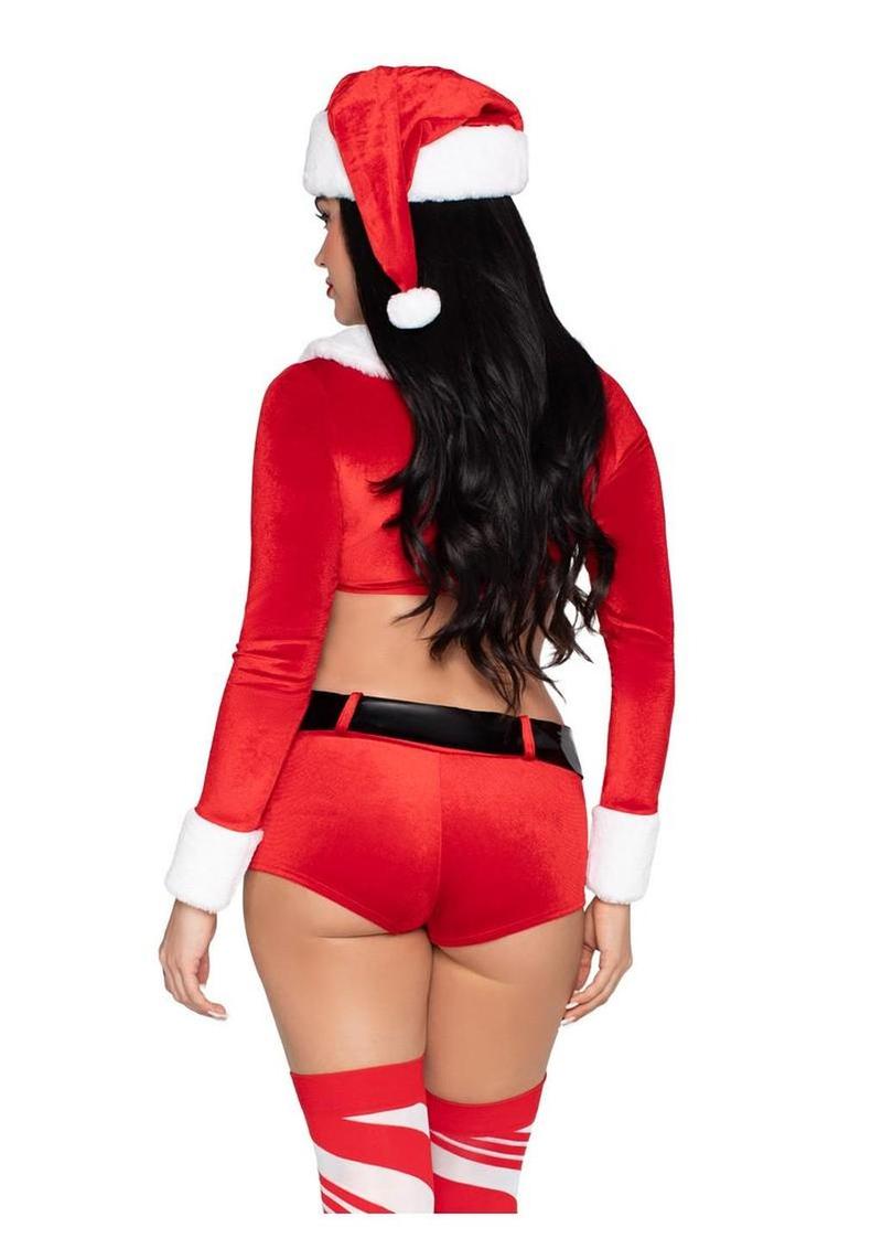 Leg Avenue Christmas Cutie Costume, Velvet Crop Top with Faux Fur Trim, Shorts, Belt and Santa Hat - Red/White - XSmall - 4 Piece