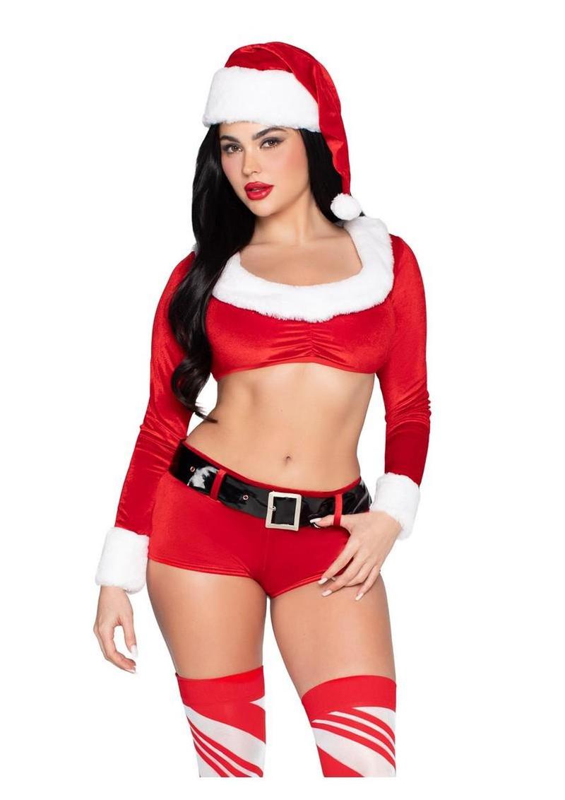 Leg Avenue Christmas Cutie Costume, Velvet Crop Top with Faux Fur Trim, Shorts, Belt and Santa Hat - Red/White - Small - 4 Piece