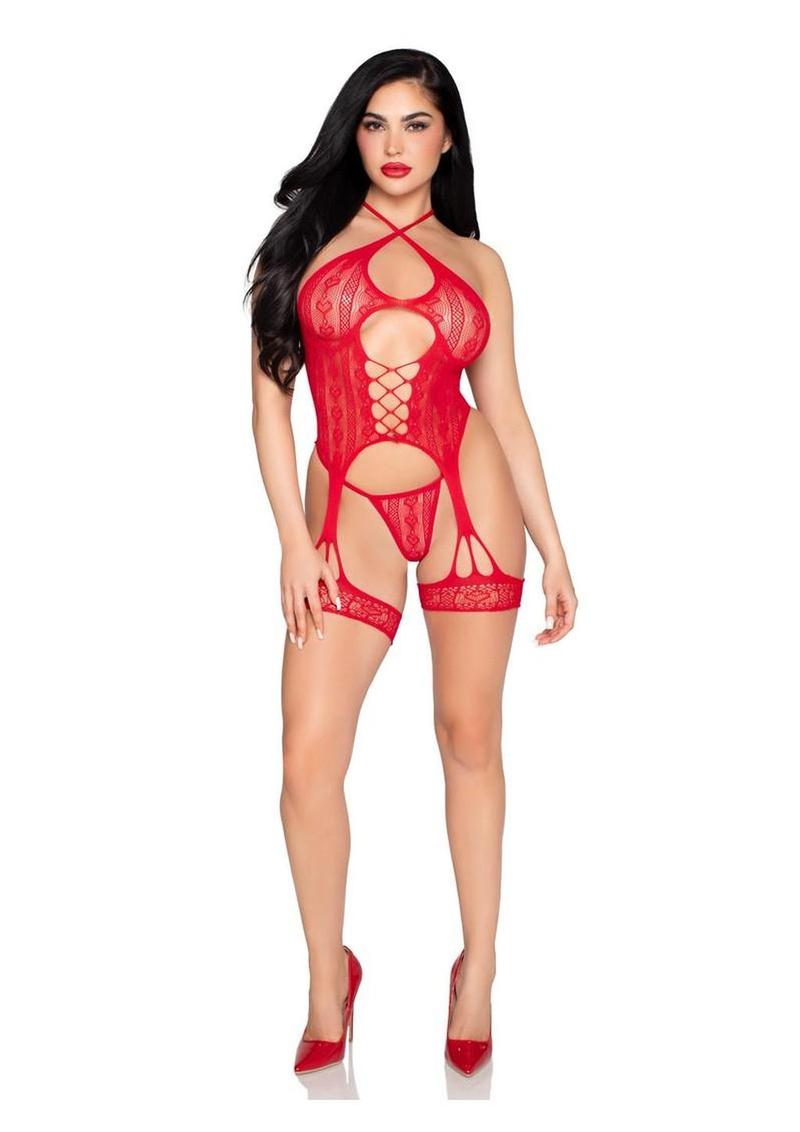 Leg Avenue - Heart Halter Cami w/ Attached Garters & G-String Panty [2pc]