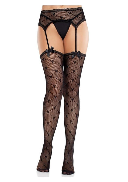 Leg Avenue - Heart Lace Trimmed Heart Net Stockings w/ Attached Garter Belt