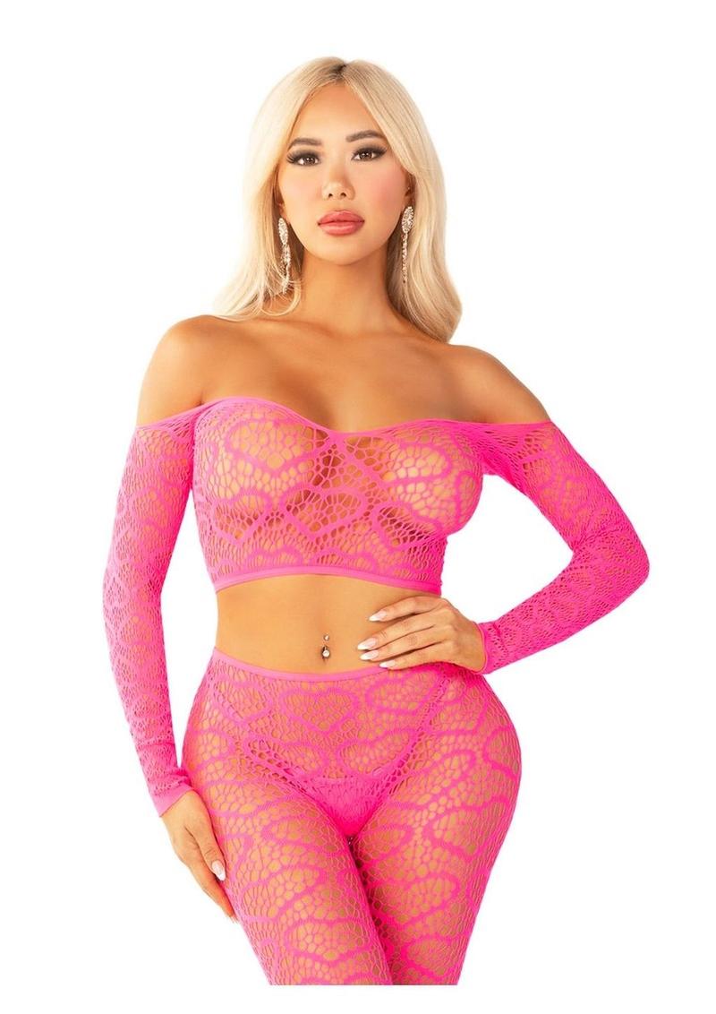 Leg Avenue - Heart Net Off The Shoulder Crop Top w/ Footless Tights [2pc]