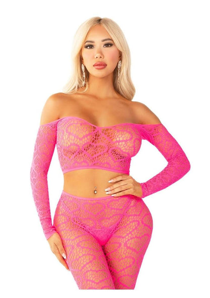 Leg Avenue - Heart Net Off The Shoulder Crop Top w/ Footless Tights [2pc]