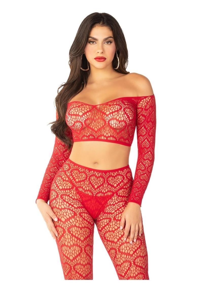 Leg Avenue - Heart Net Off The Shoulder Crop Top w/ Footless Tights [2pc]