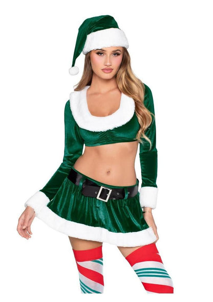 Leg Avenue Hoho Hottie, Velvet Crop Top with Faux Fur Trim, Mini Skirt, Belt and Santa Hat - Green/White - Medium - 4 Piece
