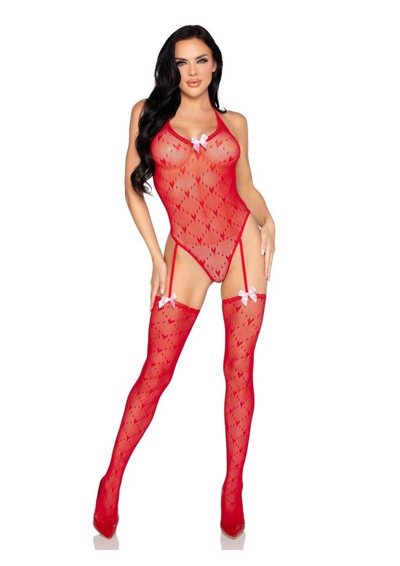 Leg Avenue - Mini Heart-Trimmed Heart Net Teddy w/ Attached Stockings