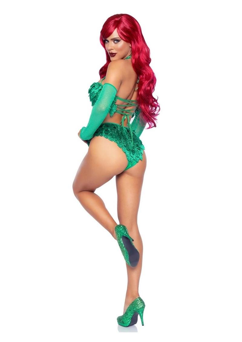 Leg Avenue - Poison Temptress Leafy Halter Top with Corset Lace Up Back, Leafy Panty, and Sleeves